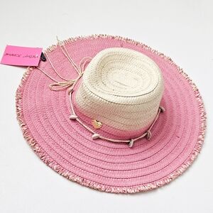 Betsey Johnson Pink Ombre Floppy Paper Hat Shell Detail Beach Boho NWT